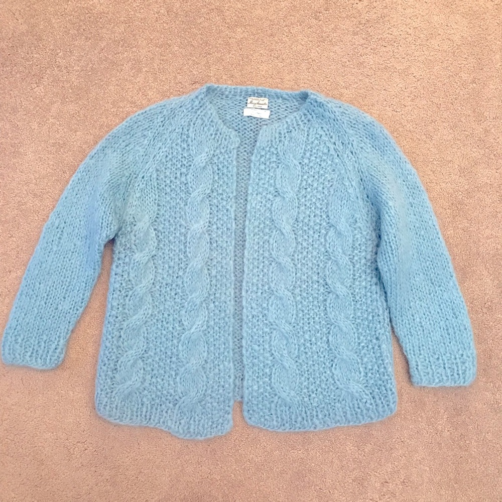 Vintage 60s Mohair Wool Hand Made Cardigan Sweater Womens Small Light Blue Italy